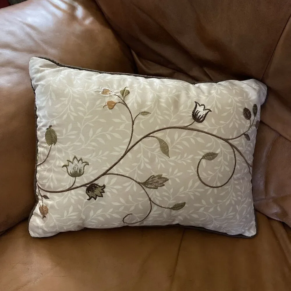 Madison Park Aqua & Brown Embroidered Leaf Floral Throw Pillow 15x11”